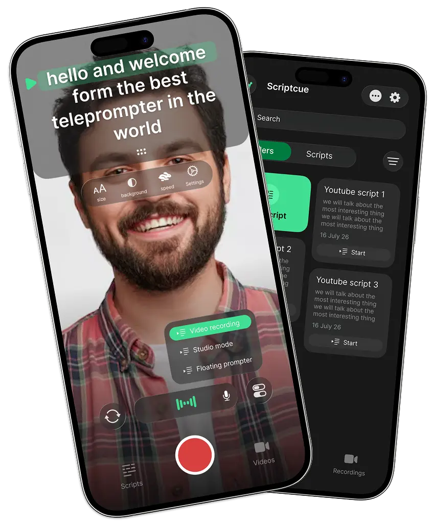 Scriptcue teleprompter on iPhone — camera recording with script overlay