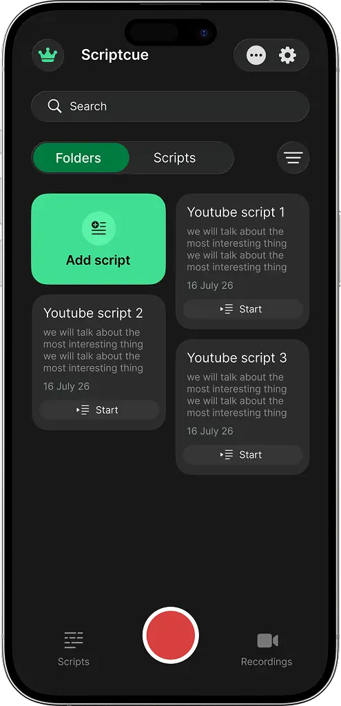 Scriptcue scripts list with folders and search
